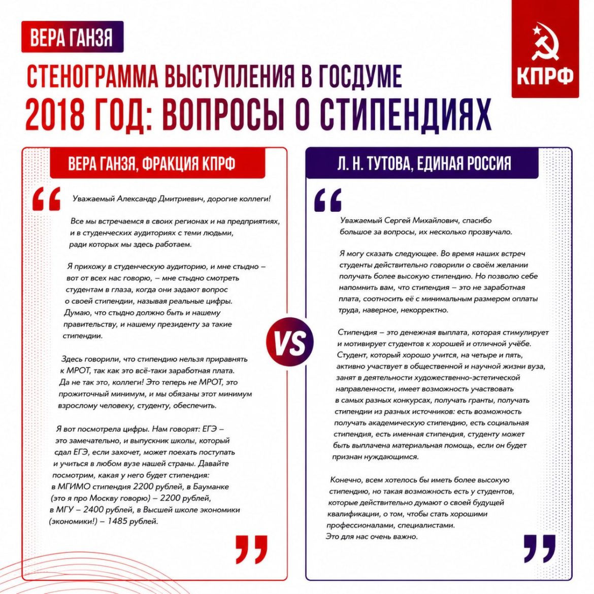 Вера Ганзя: «Базовый размер стипендии должен быть не ниже прожиточного минимума»